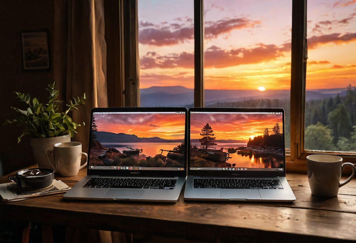 A glowing laptop on a rustic wooden desk, displaying an open blog with vibrant graphics, while a steaming coffee cup rests nearby. Behind the laptop, a beautiful sunset casts warm hues through a window, symbolizing inspiration and creativity. Personal memorabilia like photos and travel postcards scattered around, hinting at Ronoslund's journey. super-realistic. warm colors. cozy atmosphere.