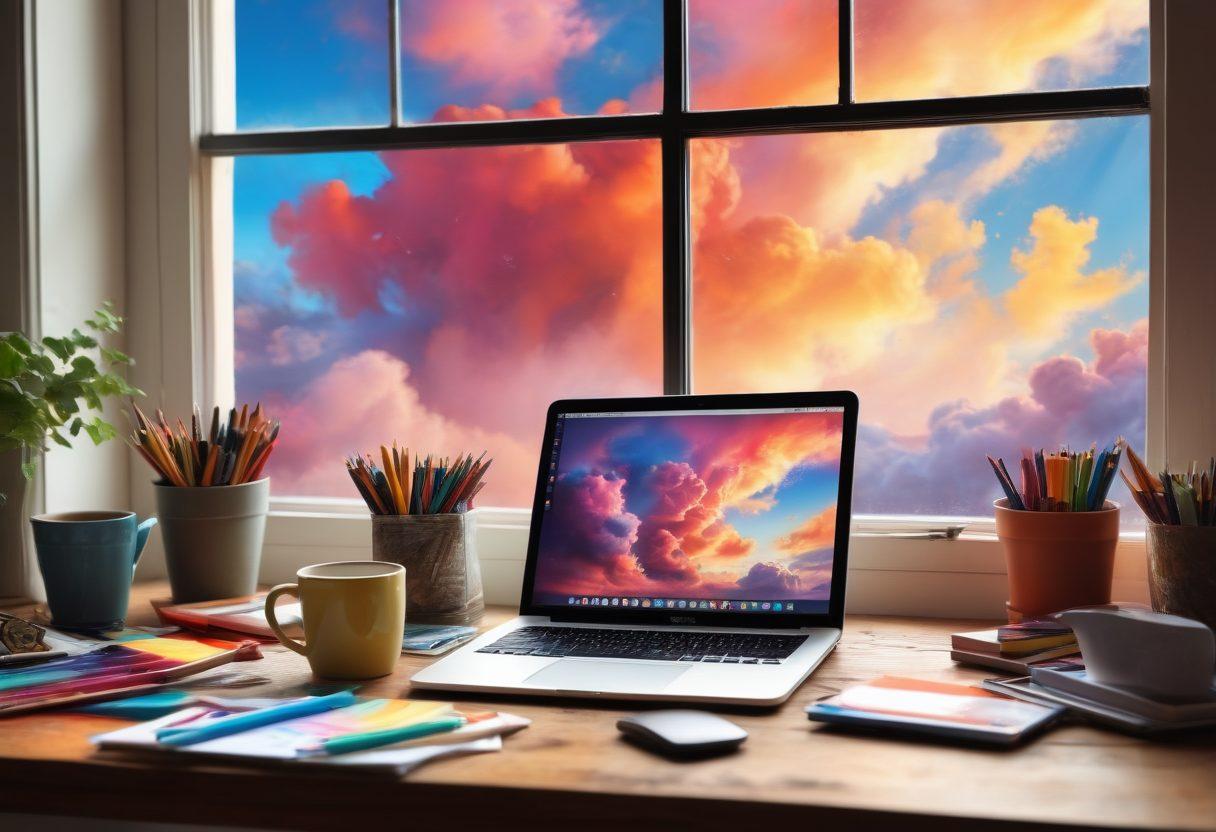A vibrant workspace filled with colorful art supplies, a laptop open to a blogging platform, and a cup of steaming coffee. The scene is infused with an imaginative vibe, depicting swirling thoughts and ideas as colorful clouds above, representing creativity. Bright natural light streaming in through a window enhances the atmosphere. super-realistic. vibrant colors. soft focus.