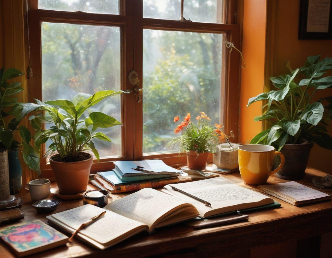 A whimsical and inspiring workspace filled with colorful journals, laptop, and artistic writing tools. Soft light streaming in through a window, illuminating a cozy corner with lush plants and motivational quotes on the wall. A cup of steaming coffee and scattered notes create an inviting atmosphere for creativity. Illustrate diverse individuals writing, sharing ideas, and deep in thought. vibrant colors. super-realistic. cozy atmosphere.